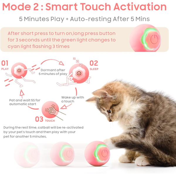 Interaktiv katt leksak boll husdjur leksak boll med LED-ljus automatisk roterande intelligent för katt inomhus, USB-laddningsbar (rosa)