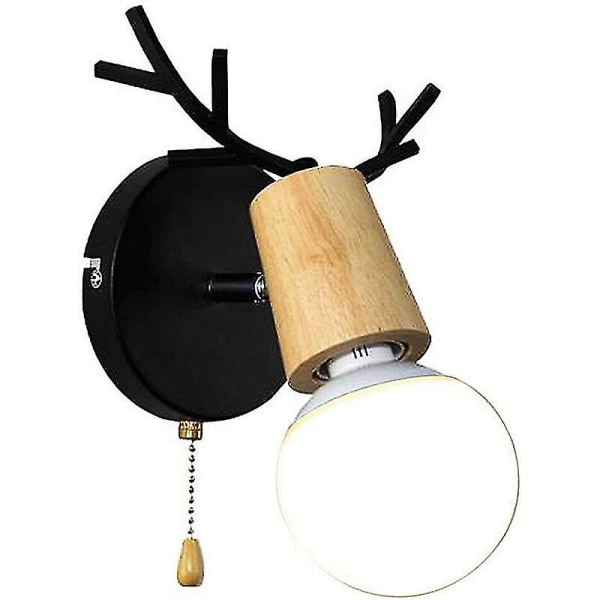 Nordic Modern Design Deer Antlers Shape Wooden Wall Sconce With Pull Chain Switch Reading Room Bedroom Wall Sconce E27, Black, No Bulb (hy)