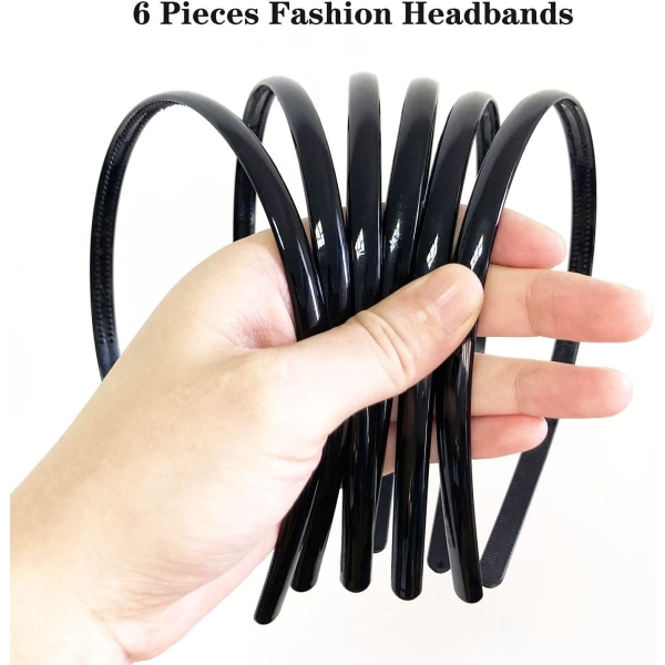 6-paknings sorte plasthodebånd for kvinner, jenter, menn, svart hårbøyle med tenner, hårbånd for hodebånd for unisex (8 mm brede)