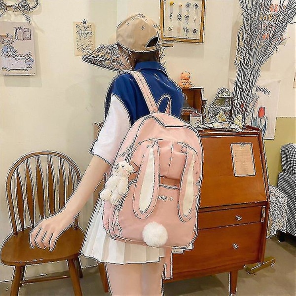 Suloinen kani nuori tyttö koulu reppu naisille suuri kapasiteetti Kawaii reppu Mochila Pink naisten reppu nylon sarjakuva koululaukku With bear doll pink