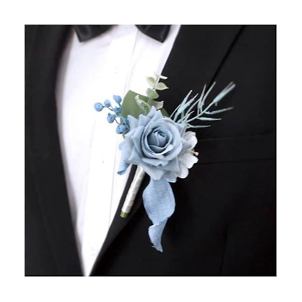 4 stk. støvete blått corsage og knapphullsblomst sett, kunstige blomster til håndleddet