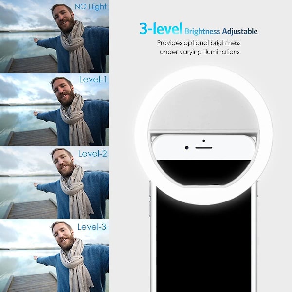 Selfie-lys, 28 LED-ringlys, selfie-lys til mobiltelefon, selfie-ringlys med 3 justerbare lysstyrker, USB-genopladeligt LED-ringlys til mobiltelefoner