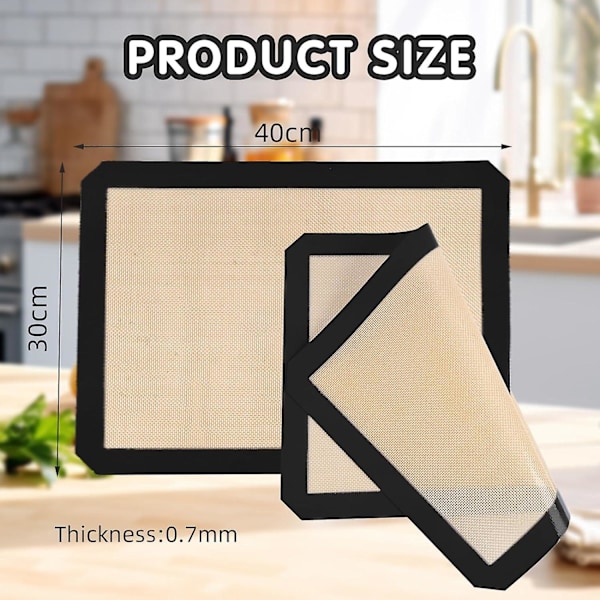 DWW-2 Stk. Silikone Bagemåtter 30 x 40 cm (Sort), Genanvendelig Non-stick Silikone Bagemåtte til Brød, Småkager