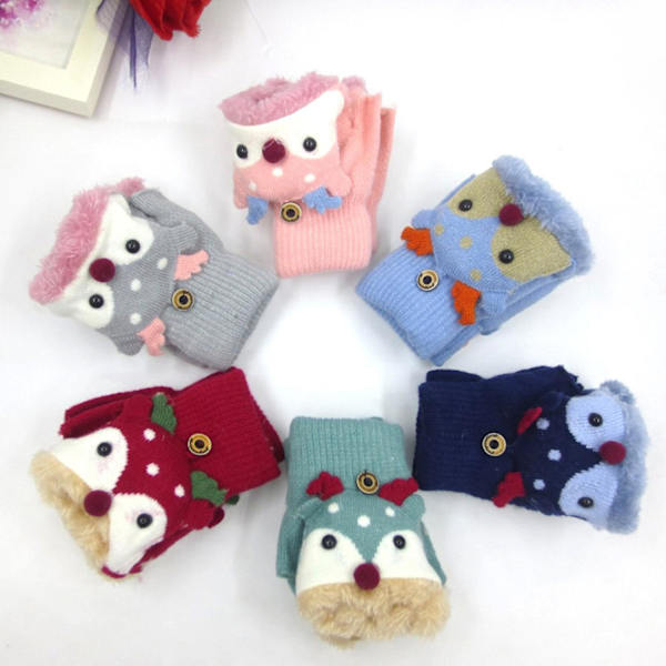 Cartoon Rentier Barnvantar Halvfinger Vinter Konvertibla Flip Top Varma Plysch Stickade Vantar Pink