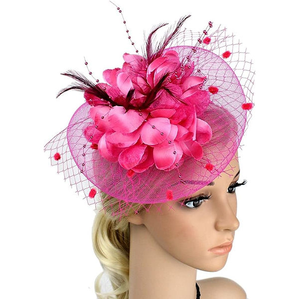 Dam Fascinator Pillbox Hatt Kvinnor Blomma Bowler Hatt Fjäder Bröllop Cocktail Hatt Hårklämma Fest Hatt Hårtillbehör med Hår(Rose Red) Rose Red