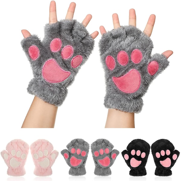 Plys kunstige fingerløse kattepotehandsker varme vinterhandsker halvfinger søde handsker katpote Rollespil grey
