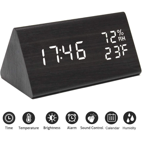 Digital väckarklocka, med elektronisk LED-tidsdisplay i trä, 3 larminställningar, fukt- och temperaturdetektering (svart)