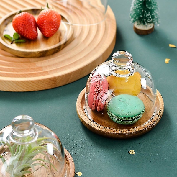 Glasskuppel med trebunn Minikakestativ Glassdisplaykuppel Klokke Klar glassklokkedeksel for dessert Ost Godteri Sukkulenter