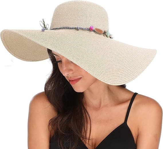 Dame Bredbremmet Halmhatt Floppy Foldable Roll up Cap Strand Solhatt UPF 50+ Beige