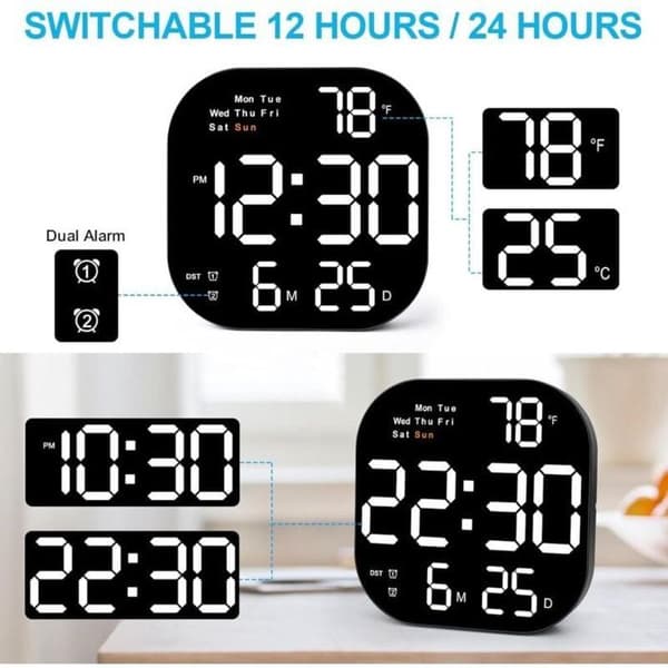 Stor väggklocka, 10,55-tums digital väggklocka med LED-display, veckodag, datum, sommartid, timer, temperatur