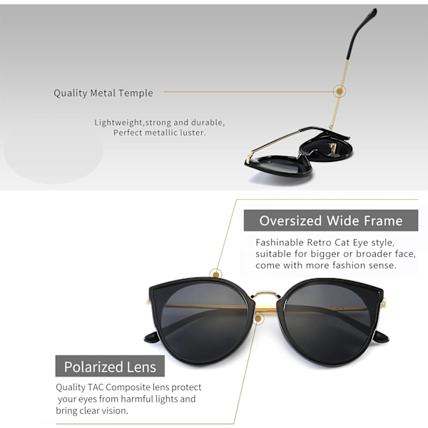 Kvindernes Oversize Cat Eye Polariseret Solbriller Retro Anti-UV Solbriller -SGT969 Black Frame Glossy Finish/Grey Lens