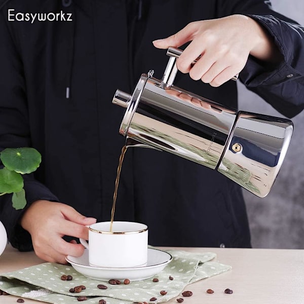 Easyworkz Espressomaker for Komfyr i Rustfritt Stål - Italiensk Kaffemaker - Induksjons Moka Pot 6Cup 10oz