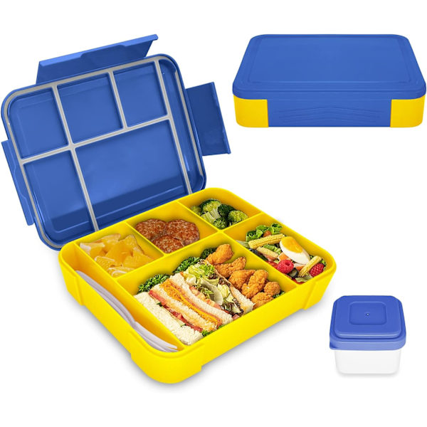Bento Madkasse Børn, Bento Madkasse Voksne med 5 Rum og 1 Salatdressing Beholder, Snackboks til Børn og Voksne Arbejde Skole Blue