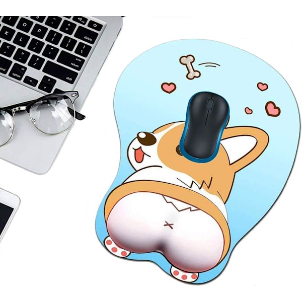 3D musematte med håndleddsstøtte, ergonomisk myk silikongel spillmusematte, søt Corgi hund anime musematte for PC bærbare datamaskiner Blue