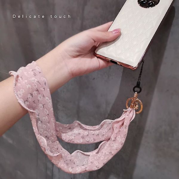 Kukkakuvioinen sifonkikaulahuivi, tyylikäs puhelinlanyard, metalliriipus, avaimenperä, puhelimen kaulanauha Pink