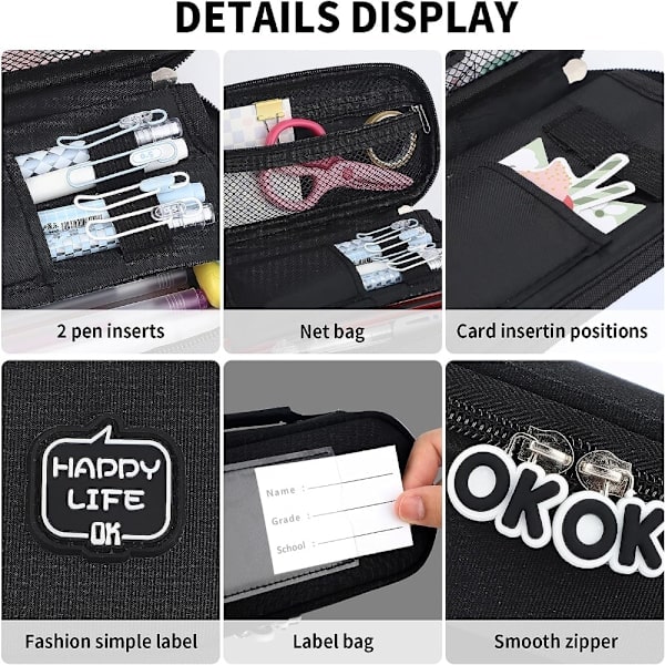 Pencil Case opbevaringspose med stor kapacitet SORT SORT BLACK