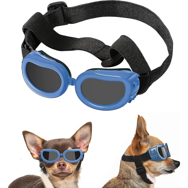 Hundesolbriller UV-beskyttelsesbriller, hunde vindtætte & antidugbriller & vandtætte hundebriller med justerbar elastikstrop til små hunde - blå (h)
