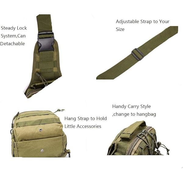 Sling Bag Taktisk Ryggsekk Utendørs Skulder Bag Satchel Brystpakker Dagstursekker for Smarttelefon Klatring Camping Sykling Fotturer Army Green