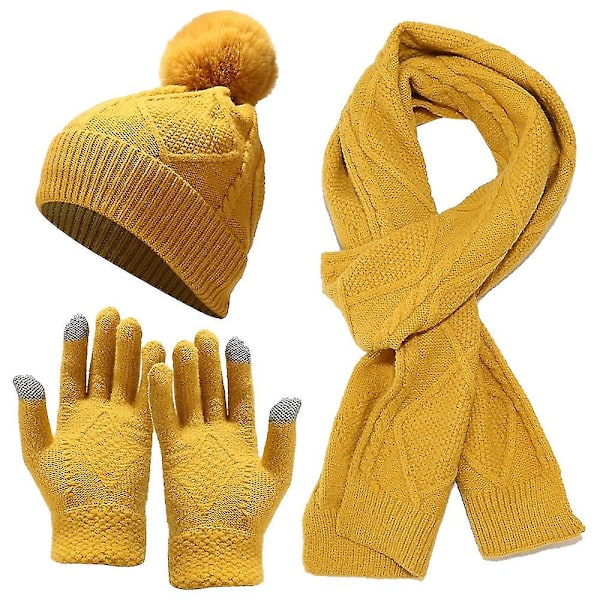Vintermössa + lång halsduk + vantar Set för kvinnor och män - yellow