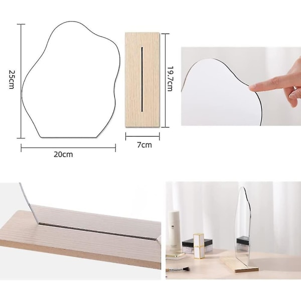 Akryl smink spegel ramfri dekorativ fåfänga bord spegel smink oregelbunden form med trä bas för sovrum, vardagsrum och minimala utrymmen rum