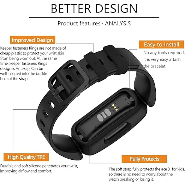 Fitbit Ace 3 -yhteensopivat rannekkeet lapsille, pehmeät silikonista valmistetut vedenpitävät rannekorutarvikkeet, urheilukellon rannekkeen vaihtohihna Fitbit Inspire 2/Ace 3 -laitteeseen Black