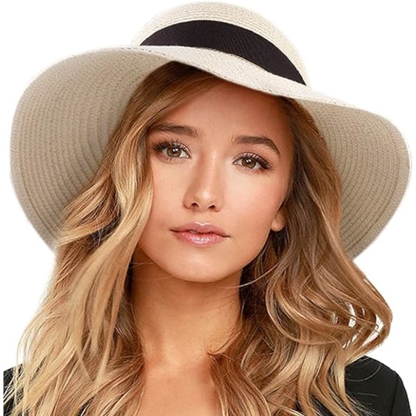 Dame Strand Sol Visir Halm Blød Kant UPF50 Rejse Foldbar Skygge Sommer UV Beskyttelse Hat Beige