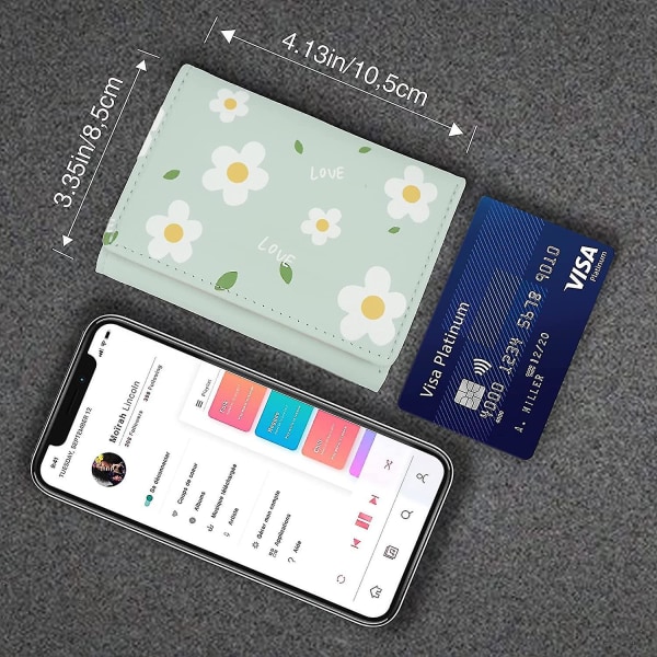 Sød slank damelæderpung, lille blokerende trifold-pung til piger og damer med id-vindue (grøn blomst) (hy)