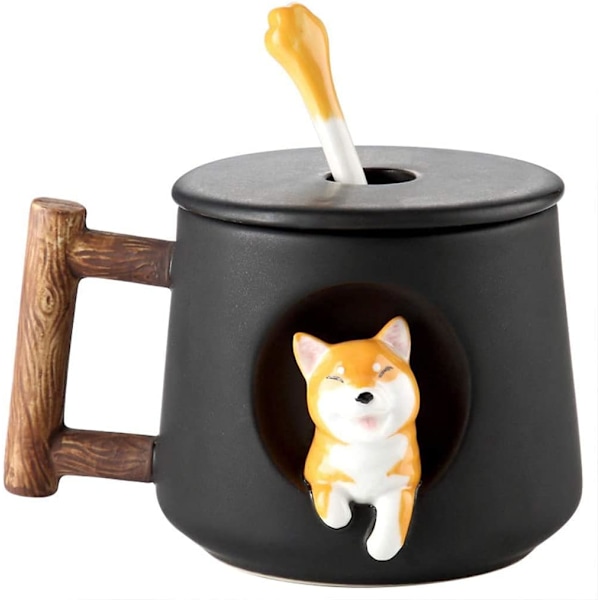 3D Sød Hund Kaffekrus Keramiske Tekopper med Låg & Ske Tegneserie