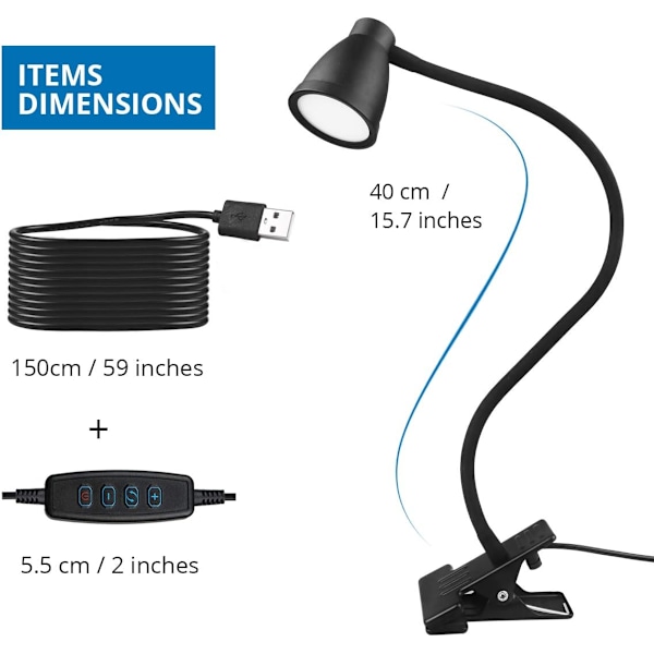14 LED Klemmelampe, 3 Farger, 5 Justerbar Lysstyrke, USB Be-X71-