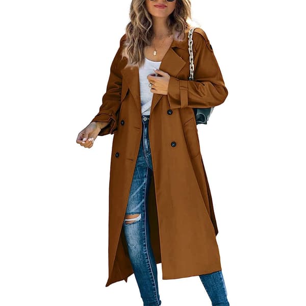 Women's Double-Breasted Long Trench Coat, Windproof Classic Slim Jacket BROWN