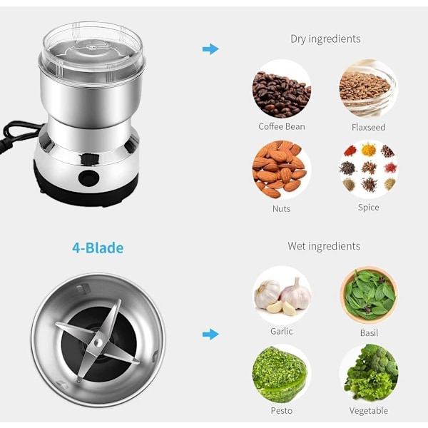 Elektrisk kaffekvern, Multifunksjonell krydderkvern, Rustfritt stål kornkvern for korn, nøtter, krydder, kaffebønner