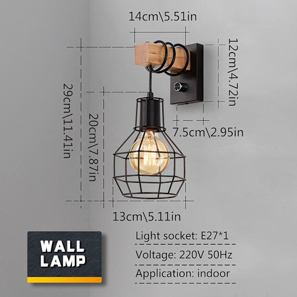 Industriell Rustik Vägglampa Dimbar Inomhus Bur Vägglampa med Strömbrytare E27 Vintage Svart Vägglampa (Glödlampa Ingår Inte)