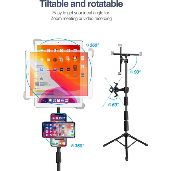 iPad-stativ, justerbar høyde, iPad-stativ for gulv med 360° roterende iPad-feste