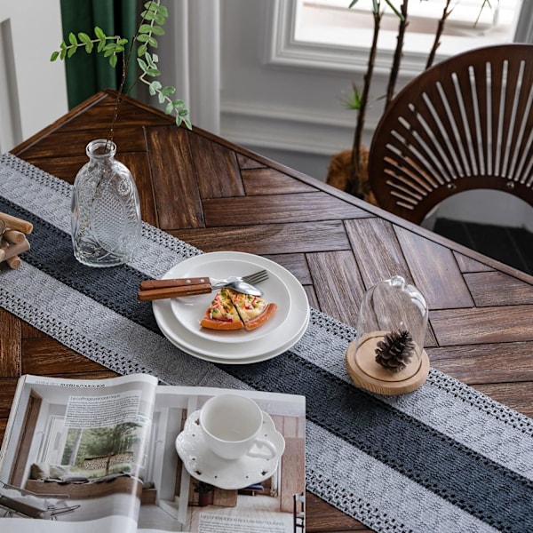 Makramé Bordløper Vevd Rustikk Bordløper Bomull Lin Boho Stil Bordløper med Frynser for Spisebord (Grå, 30x180cm)-FQ4-