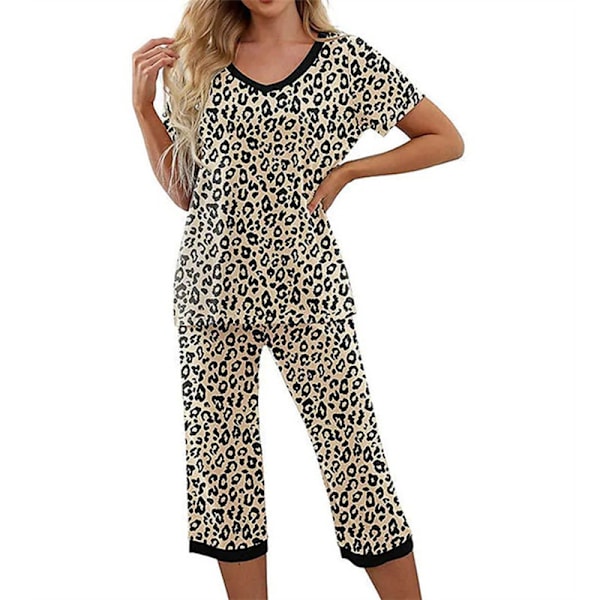 Dam Pyjamas 2 Delar Sovkläder Kortärmad T-shirt & Capri Byxor Khaki Leopard Khaki Leopard