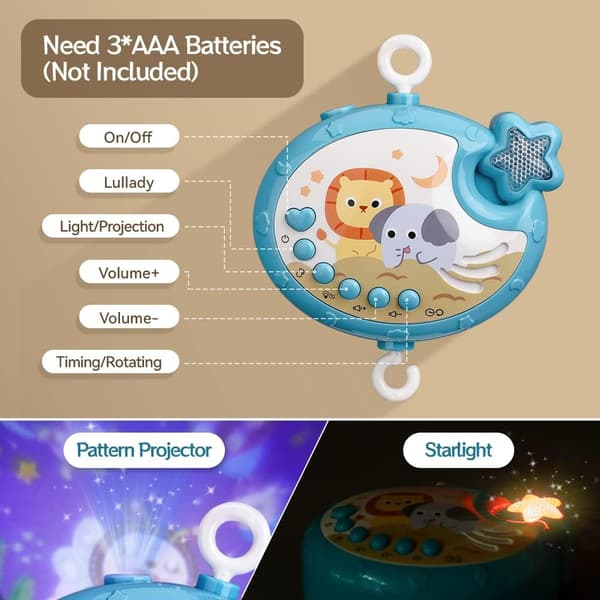 Mini Tudou Musical Crib Mobile with Star Projection & Timer Function, Remote Control Musical Toy for Newborns 0-24 Months