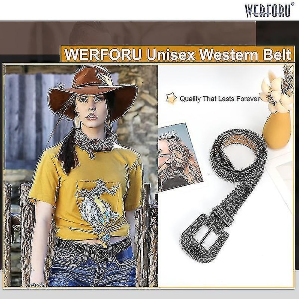 Strassbälte för män kvinnor Western Cowboy Cowgirl Bling dubbat läderbälte för jeansbyxor B black 135cm(53Inch)