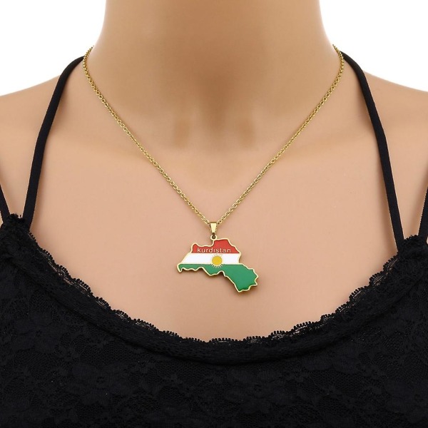 Män Guld Silver Kurdistan Flagga Karta Hängen Halsband Rostfritt stål smycken Gold