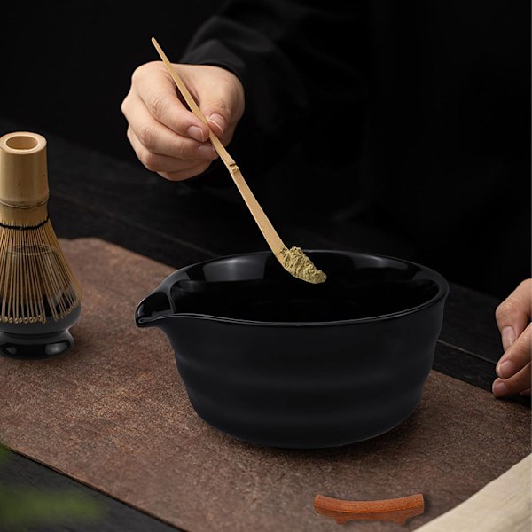 Keramisk tesæt, inklusive matcha-skål, matcha-vispeholder og matchavisp, 5-delt sæt sort-XF6- black