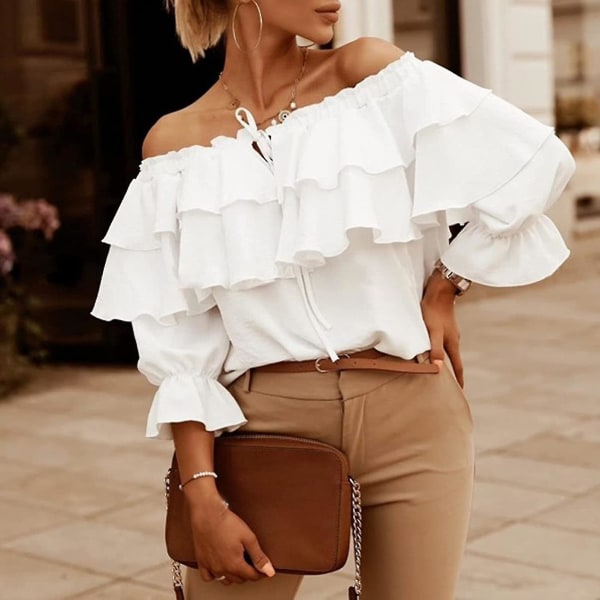 String krage Layered Ruffle Damblus Off Shoulder Top White 2XL