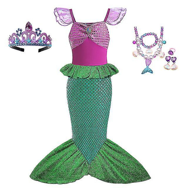 Lilla sjöjungfrun Ariel Prinsessan Kostym Barnklänning För tjejer Cosplay Barn Karneval Födelsedagsfest Kläder Sjöjungfruklänning 6T(size 130) 7pcs Mermaid Set