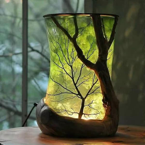Forest-Inspired Epoxy Resin Table Lamp, Handmade Wood and Tree Branch Night Light 9CM