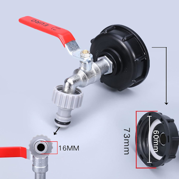1000L Tankkran med bevattningsslangadapter, S60X6 IBC-krananslutning, regnvattenuppsamlare trädgårdskran (1/2\" plastadapter)
