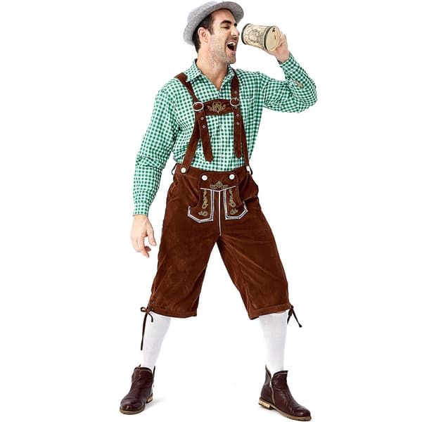 Tysk Oktoberfest Kostume Mænd | Ternede Skjorte med Broderede Seler & Hat*Grå hat*M Grå hat Grå hat