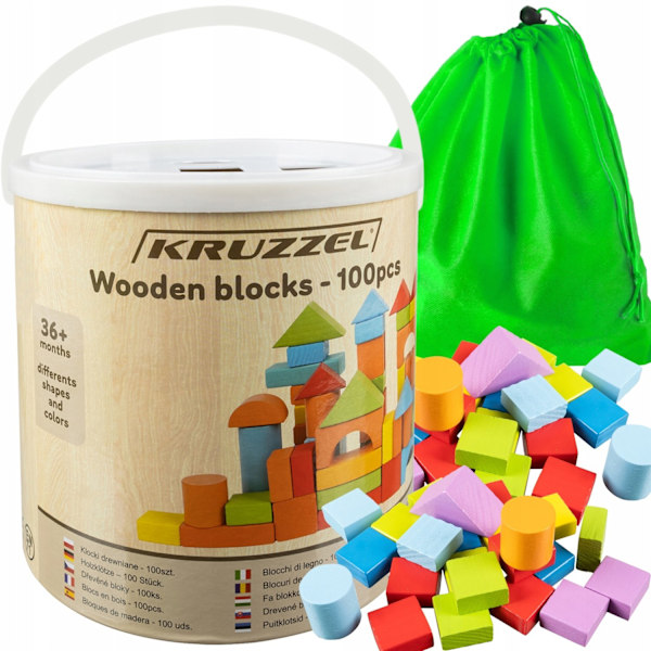 100 Wooden Building Blocks in Bucket with Sorting Lid