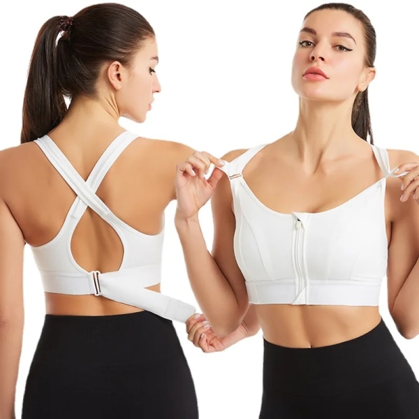 Sport-BH för kvinnor samlad utan stålring Justerbart bälte Fram Dragkedja Yoga Löparväst Stötsäkra underkläder Plus Size S White