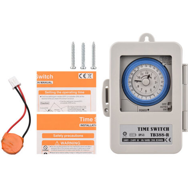 24 tunnin mekaaninen ajastin 15 minuutin ajastin Timer IP53 Suojausluokka akun kanssa TB388R AC100-240V Harmaa
