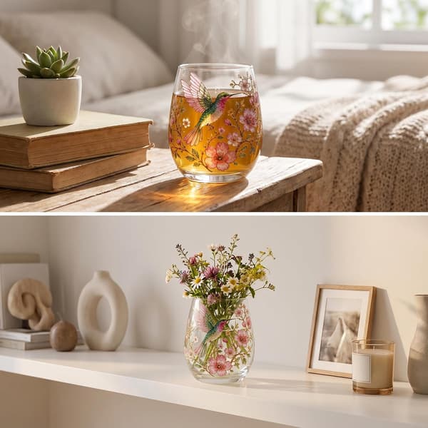Tekoppar i glas passar för både varma och kalla drycker, medan blomsteremaljerade konstglaskoppar är perfekta för heminredning.