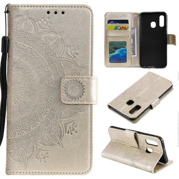 Embossed Mandala Flower Stand Wallet Leather Case for Samsung Galaxy A40 Gold