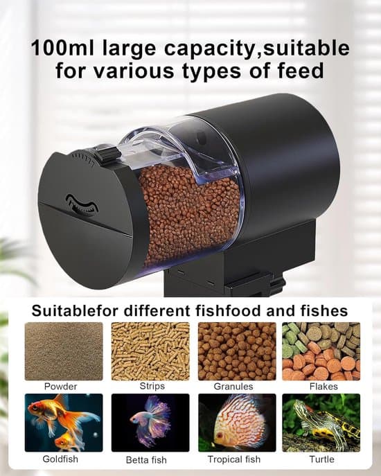Automatic Feeder - Automatic Aquarium Feeder - Large 100ml Capacity - With Adjustable Feeding Timer - Battery Operated - Suitable for Flakes and Pellets